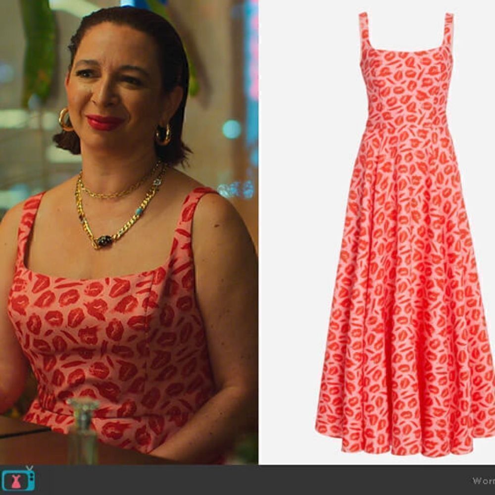 Brandon Maxwell Lip Print Silk A-line Maxi Dress as seen on Maya Rudolph